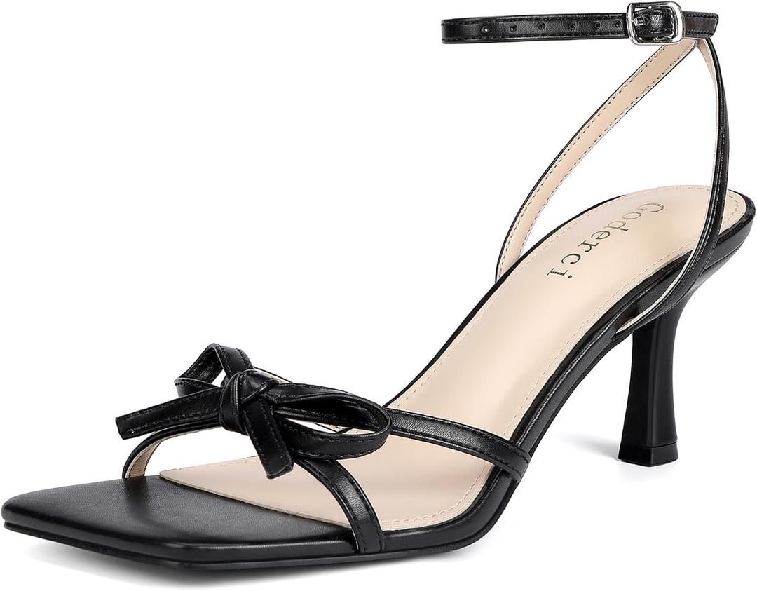 Goderci Kitten Heels with Bow Strappy Heels for Women Square Open Toe Mid Heeled Sandals(6.5, Black)