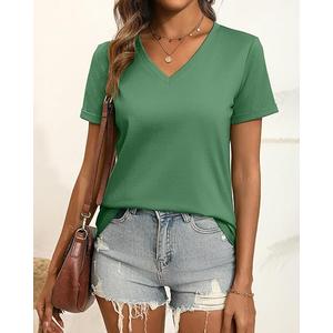 Ficerd 2 Pack Women's V Neck T Shirts, Cotton Summer Casual Short Sleeve Tops Loose Fit Rolled Sleeve Tees 2025 Trendy Shirts, Wine Red and Green, Medium