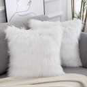 Set of 2 White Decorative Fluffy Pillow Covers New Luxury Series Merino Style Faux Fur Throw Pillow Covers Square Fuzzy Cushion Case Spring Easter Home Decor 18x18 Inch