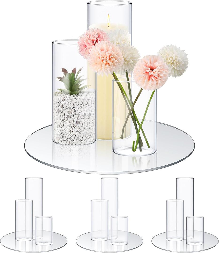 Sawysine 16 Pcs 3.4'' X 4.7", 7", 9.8" Round Glass Mirror Trays Glass Cylinder Vase Wedding Table Flower Vase with Mirror Set Table Centerpiece Decoration for Wedding Decor Craft Baby Shower