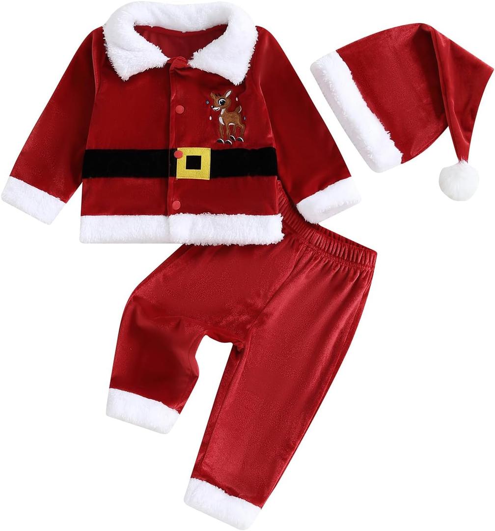 Toddler Baby Santa Claus Costume Boys Girls Christmas Outfits Reindeer Jacket Long Pants Hat Xmas Cosplay Sets (3-4T, Red)