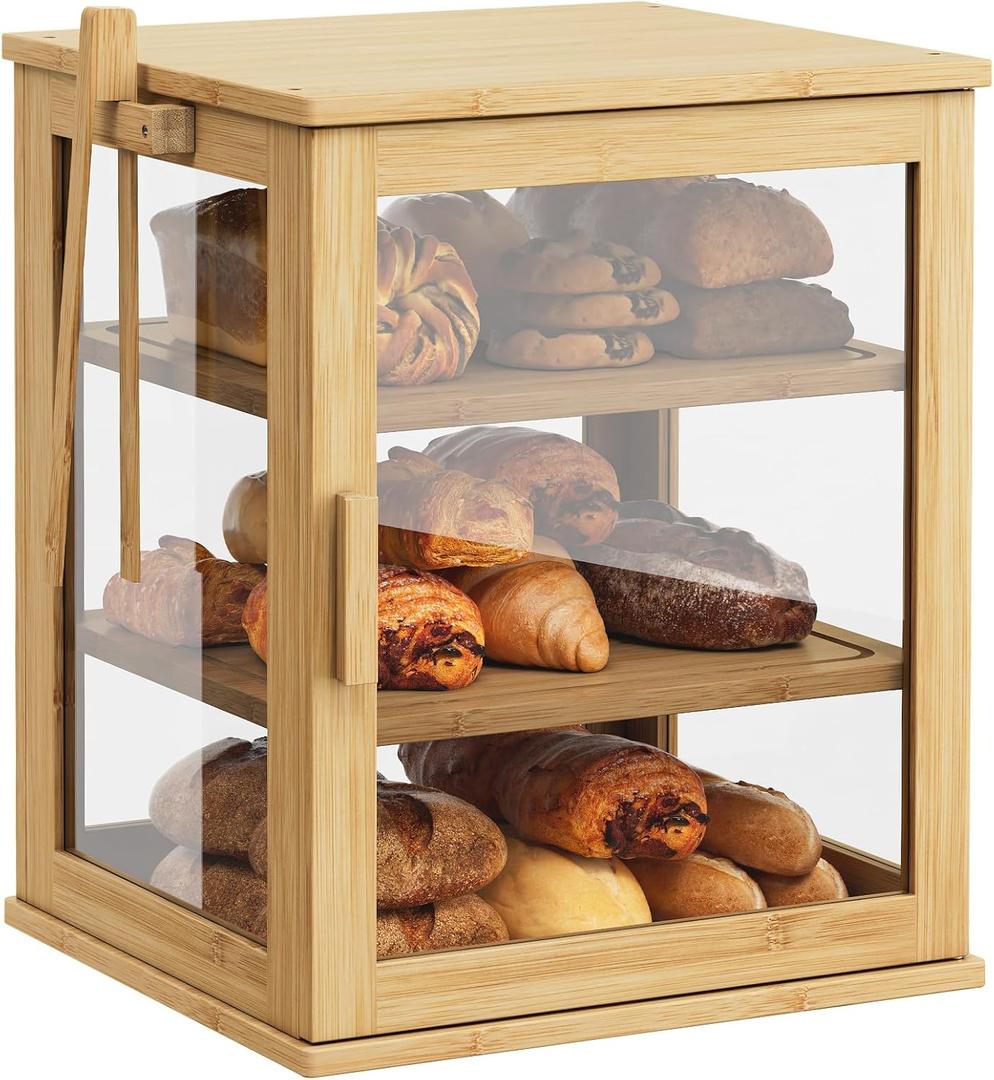 WOWLIVE Bamboo Bread Box for Kitchen Countertop, Large 3 Layers Bread Storage Container for Homemade Bread with Window, Farmhouse Breadbox Organizer for Kitchen, Cabinet, Pantry (Natural, Extra Large)