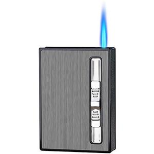 Cigarette Case with Built-in Lighter Windproof Refillable Butane Jet Torch Lighter Automatic Ejection Cigarette Case Dispenser Box Holder (Black)
