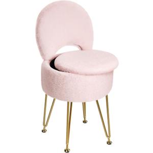 GREENSTELL Small Vanity Stool Chair with Storage and Folding Back, 13" x 13" x 17.7" Faux Fur Soft Ottoman for Teenager, 4 Metal Legs with Anti-Slip Feet, Furry Padded Seat for Makeup, Bedroom, Pink