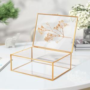 Glass Gold Metal with Chain and Velvet Bottom Jewelry Organizer Box | Double Glass Frame for Pressed Flowers