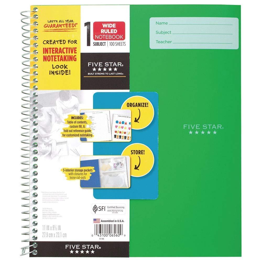Five Star Spiral Notebook, INTERACTIVE NOTETAKING, 1 Subject, Wide Ruled Paper, 100 Sheets, 11" x 9-1/2" (Green Interactive W)