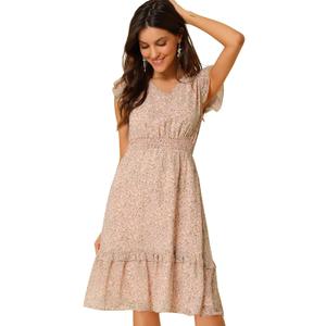 Allegra K Women's Floral Dress Spring Summer V Neck Flutter Sleeve Ruffle Casual Smocked Knee Length Dresses, Small