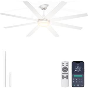 72 Inch Large Ceiling Fans with Lights, 8 Blades White Ceiling Fan Remote/APP Control, Dimmable, Reversible Big Ceiling Fan for Indoor/Covered Outdoor