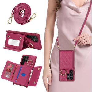 for Galaxy S25 Ultra Case with Card Holder and Strap for Women,Crossbody Lanyard, Make Up Mirror,Ring Stand,Snap Clasp,Cute Phone Wallet Cases 6.9 inch - Rose red