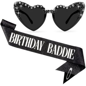 TIHEBAX BIRTHDAY BADDIE Sash and Glasses Kit - Black Birthday Sash for Women Girls & Men with Siler Foil, Black Glitter Birthday Accessories Outfit Women Decorations Party Favors Supplies