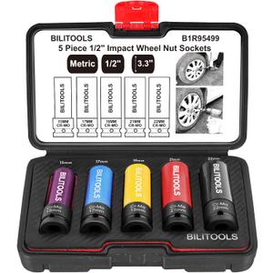 BILITOOLS 1/2 inch Drive Impact Lug Nut Socket Set, 15 17 19 21 22 MM NonMarring Thin Wall Wheel Protector Nut Socket