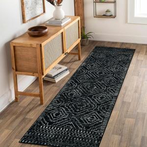 Wonnitar Moroccan Runner Rugs for Hallway 2'6"x8', Black Washable Boho Kitchen Non-Slip Rug Runner, Geometric Tribal Long Soft Bathroom Accent Area Rug for Entryway Laundry Bedroom (Black,2'6"x8')