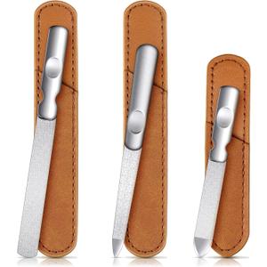 3 Pcs Stainless Steel Nail Files Kit with Leather Case, Double Sided Metal Nail Files with Anti-Slip Handle for Women and Men, Metal File Buffer Manicure Pedicure Tools for Fingernail Toenail(Brown)