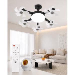 New Ceiling Fan with Lighting and an E27 Light Socket, 2-in-1 Silent LED Drone Fan with Remote Control for Bedroom, Kitchen, Easy Install 3-Speed Dimmable Quiet Screws Bulb, 5Head