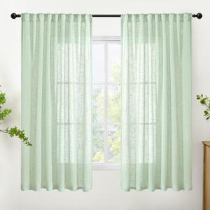 YoungsTex Light Green Linen Curtains 63 Inch Length for Living Room, Semi Sheer Drapes with Rod Pocket Back Tab Textured Light Filtering Spring Decor for Bedroom Window, 2 Panels, 52 X 63 Inch