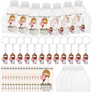 CraftyDream 10 Sets Valentines Mini Jesus Figures Bulk Pocket Jesus Prayer Keychains Christian Cards for Religious God Gifts
