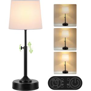 Height Adjustable Cordless Table Lamp Rechargeable with Timer, 3-Way & Stepless Dimmable LED Battery Operated Table Lamp, Wireless Battery Powered Lamp, Black Touch lamps for Nightstand Countertop