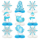 9Pcs Winter Wonderland Decorations 3D Snowflake Honeycomb Table Centerpieces for Frozen Winter Blue White Theme Christmas Baby Shower Birthday Party Supplies Snowman Blue