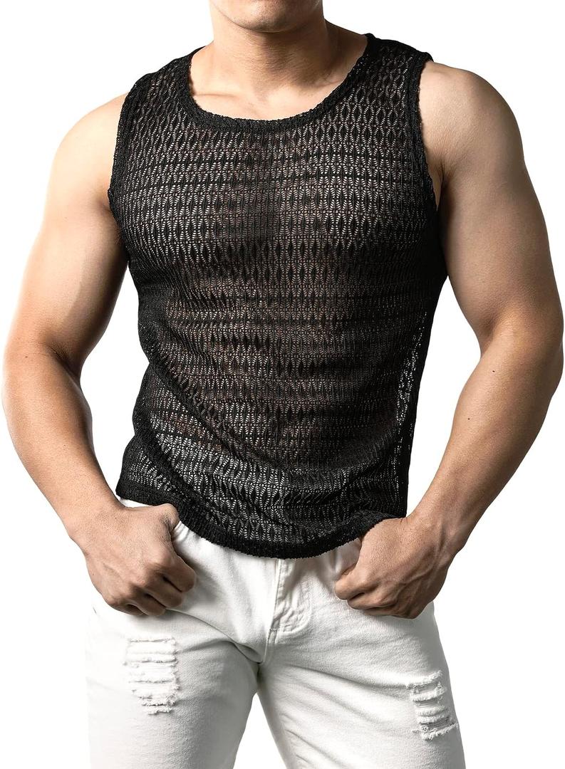 JOGAL Mens See Through Lace Shirts Sleeveless Muscle Tops (Black, S)