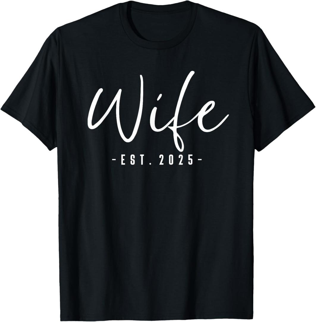 Wife Est 2025 Just Married Honeymoon Wedding Couples T-Shirt, Black, Small 