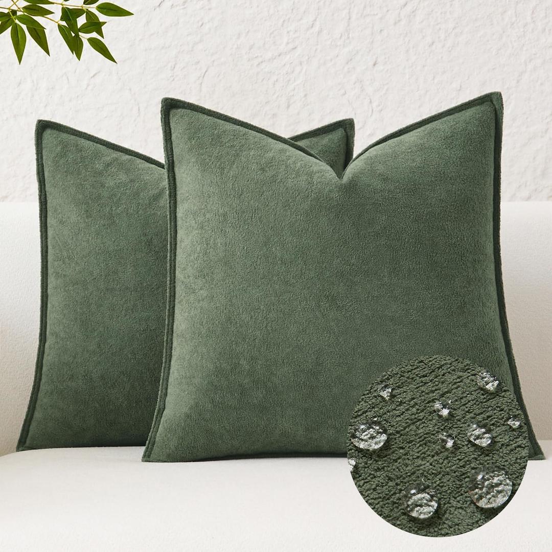 Kevin Textile Waterproof Decorative Pillow Covers Olive Green 18x18 Inch Pack of 2 Soft Boucle Textured Throw Pillowcases Elegant Accent Pillows for Couch Sofa Chair Bed Home Decor Indoor Outdoor