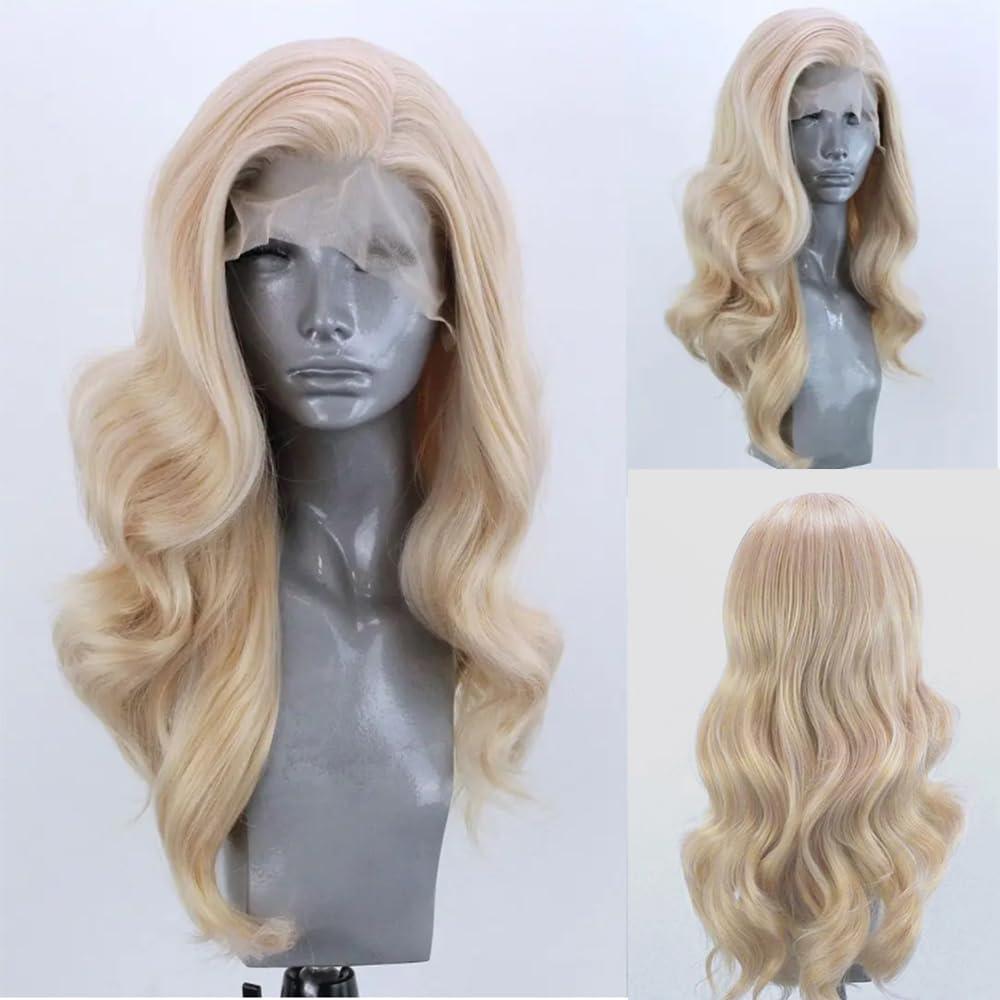 ELESTY Long Wavy Blonde Hair Synthetic Lace Front Wigs for Women Natural Hairline Heat Resistant Fiber Hair Free Part Glueless Lace Front Wigs Daily Party Lace Wigs 24Inch (M1866)