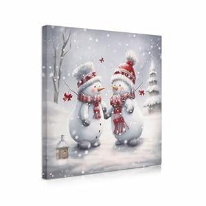 Snowman Canvas Christmas Art Print, Two Cute Snowman Playing in the Snowfield Wall Art Xmas Painting Winter Picture Framed Ready to Hang for Dining Room Bedroom Home Decorations 14" X 14"