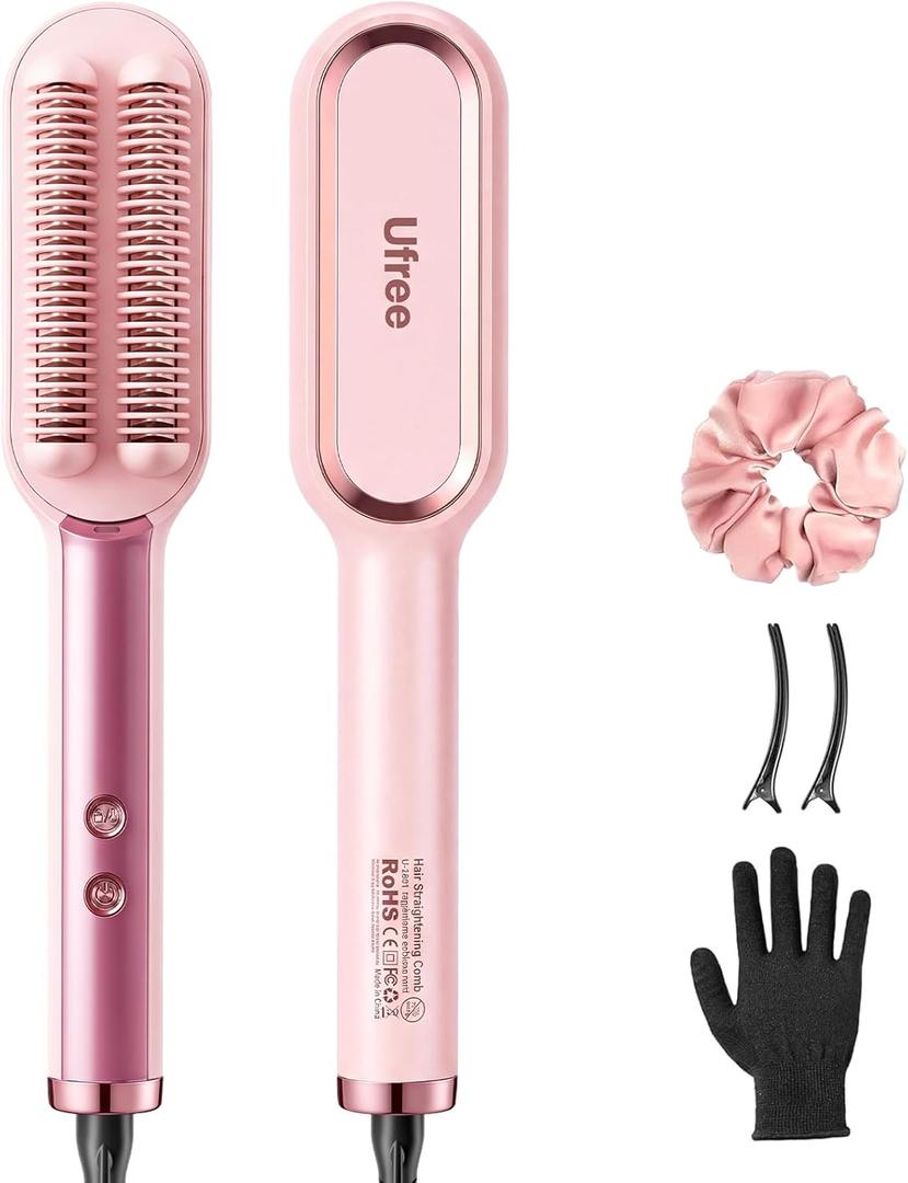 Ufree Negative Ions Hair Straightener Brush, 9 Fast-Heating Temp Settings with LED Display, Ionic Straightening Hot Comb for Women, Professional Styling Tool for Silky Shine, Dual Voltage