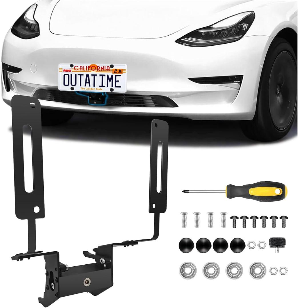 No Drill Front License Plate Holder for Tesla Model Y Juniper 2025-2026, No Block Camera Visibility Lockable License Plate Bracket Mount Anti-Theft No Adhesives License Plate Frame Model Y Accessories