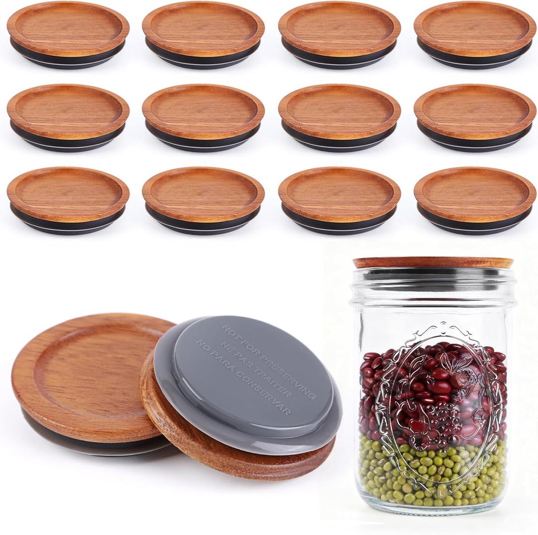 12-Pack Regular Mouth Mason Jar Lids - 2.75inch Acacia Wood Tops with Airtight Silicone Seal, Storage Canning Jar Lids, Reusable & Dishwasher Safe