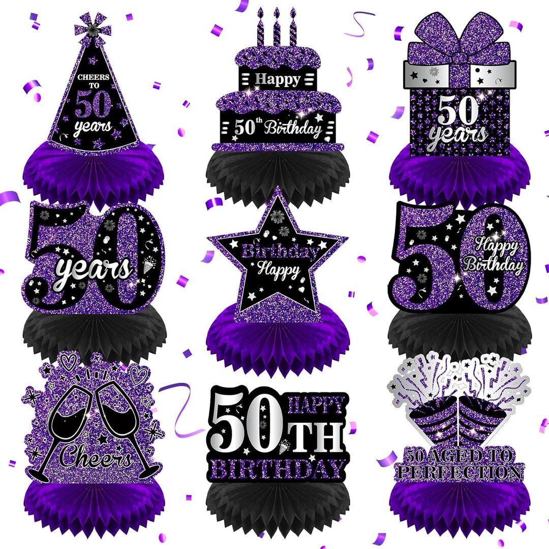 9Pcs Purple 50th Birthday Decorations - Honeycomb Centerpieces & Table Topper for Women & Men's 50th Birthday & Anniversary Party Supplies
