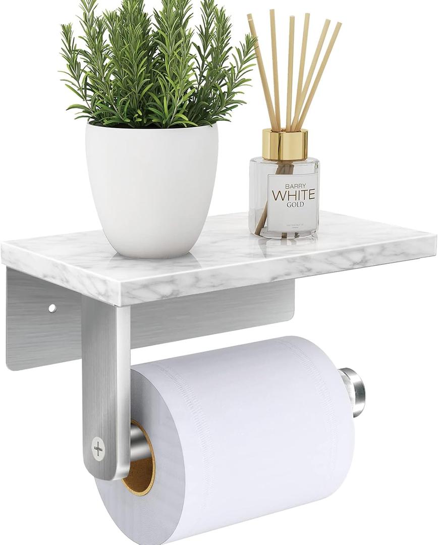 Brushed Nickel Toilet Paper Holder with Natural Marble Shelf, Screw Wall Mounted, Tissue Roll Holder for Bathroom Washroom