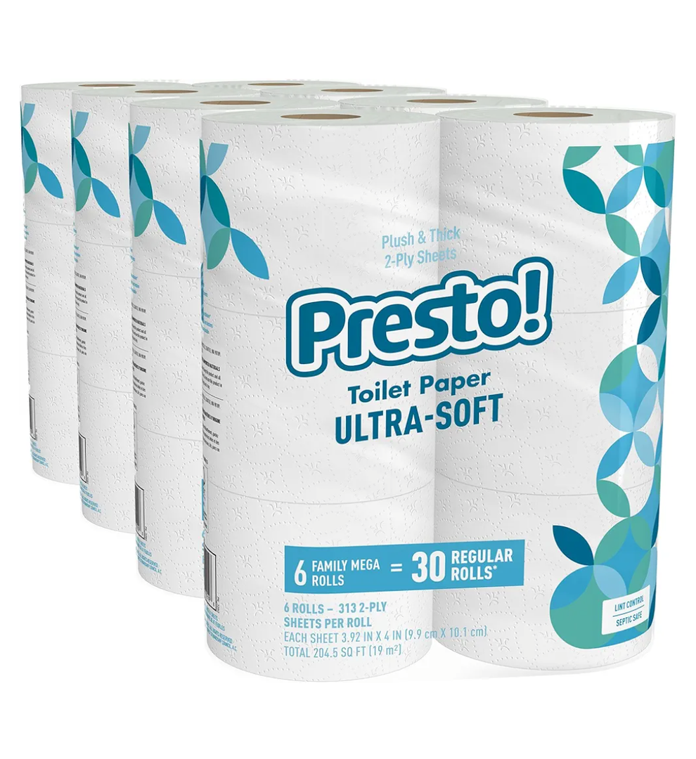 Amazon Brand - Presto! 2-Ply Ultra-Soft Toilet Paper, Septic-Safe, 24 Family Mega Rolls = 120 Regular Rolls, 308 Sheets, Unscented, Pack of 4