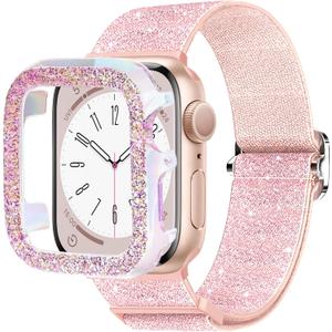 Wipalor Bling Stretchy Band with Bling Case Fit Apple Watch Bands for Women 41mm, Elastic Sport Solo Loop iWatch Bands for Cute iPhone Watch Series 9 8 7-Pink Nylon Band+Sparkly Pink Cover
