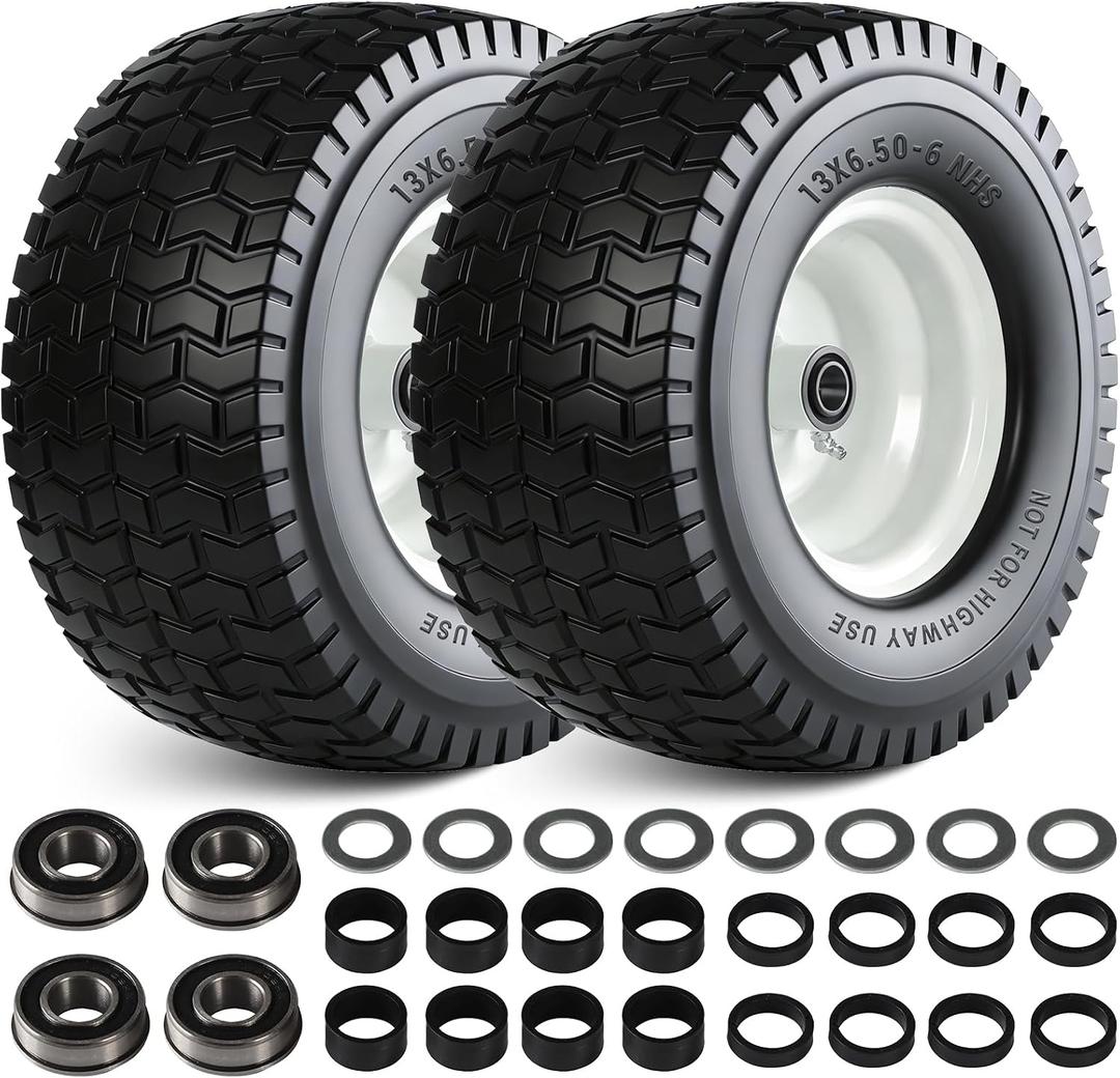 13x6.50-6 Flat Free Lawn Mower Tire Wheels; 2 Packs Non-Slip Puncture-proof Tire for Lawnmowers, Replacement 3/4" & 4 Pcs 5/8" Bearing with 24 Spacers for Zero Turn Mowers, Garden Tractors Carts