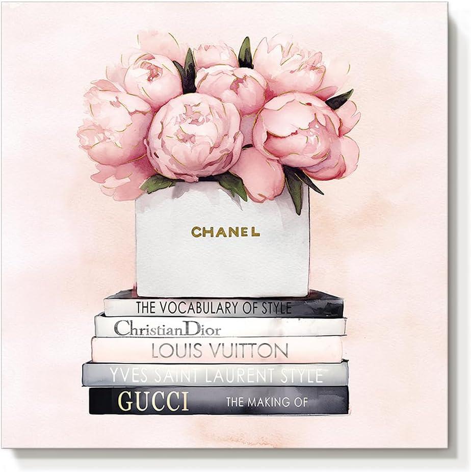 cozy country Chanel-Inspired Canvas Wall Art - 12x12 Inches Luxury Fashion Artwork Print, Featuring Perfume, Books & Flowers, Perfect for Bathroom & Women's Room Decor