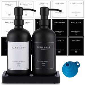 Black Thick Glass Soap Dispenser - Farmhouse Kitchen Dish &Hand Soap Dispenser Set, 304 Rustproof Pump Lotion Dispenser Bathroom with Tray, 14 Waterproof Stickers for Kitchen Decor Sink