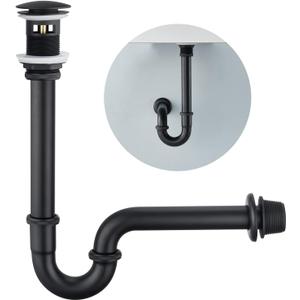 Brass P Trap with Bathroom Sink Stopper : 1-1/4 Sink Drain Bottle Trap Set with Overflow - Adjustable Height, Matte Black - Complete Basin Sink Plumbing Kit for Pipe Replacement