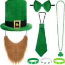 Marrywindix 8 Pcs St. Patrick's Day Party Costume Set Hat Fake Beard Tie Bow Tie Necklace Bracelet Accessories Suit for Masquerade Parties