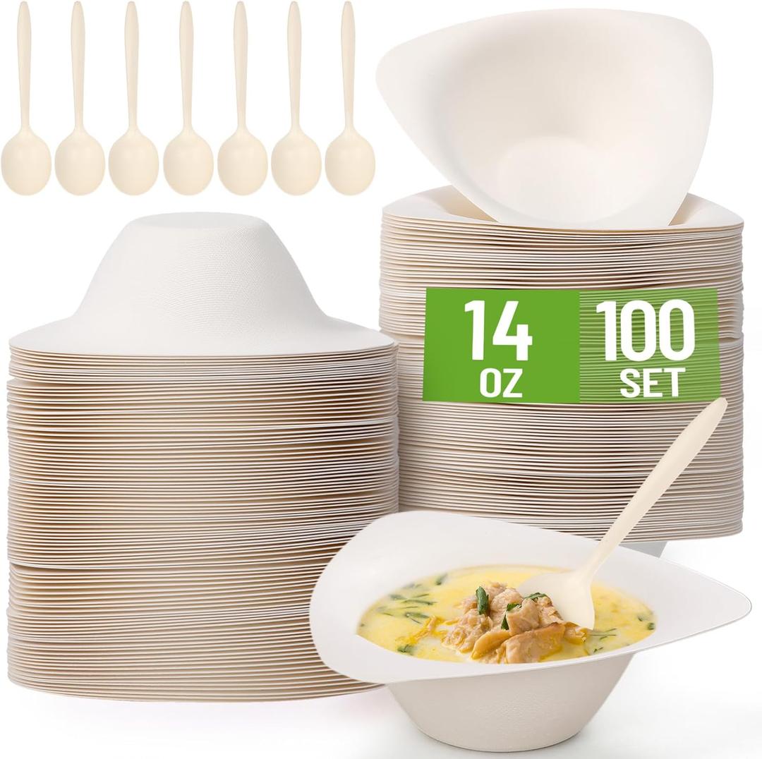 100 Pack Triangle Paper Bowls with Spoon 14oz Disposable Paper Soup Bowls Dessert Fancy Ice Cream Cups for Hot Food, Soup, Salad, Meals