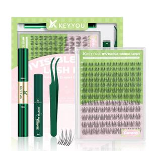 KEYYOU Aurora Lash Clusters Kit Fairy Lash Extension Kit C Curl 120Pcs Eyelash Extension Kit Wispy Natural Invisible Band Lash Kit with Waterproof DIY Lash Extension Kit at Home(Aurora-C-8-16MIX)