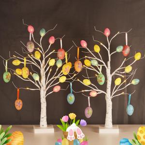 2 Pack Easter Birch Tree with Light, USB or Batteries Operated with Timer, Artificial Tree Light 24 inch with 36 Eggs Indoor Hanging Ornaments for Easter Party Decoration