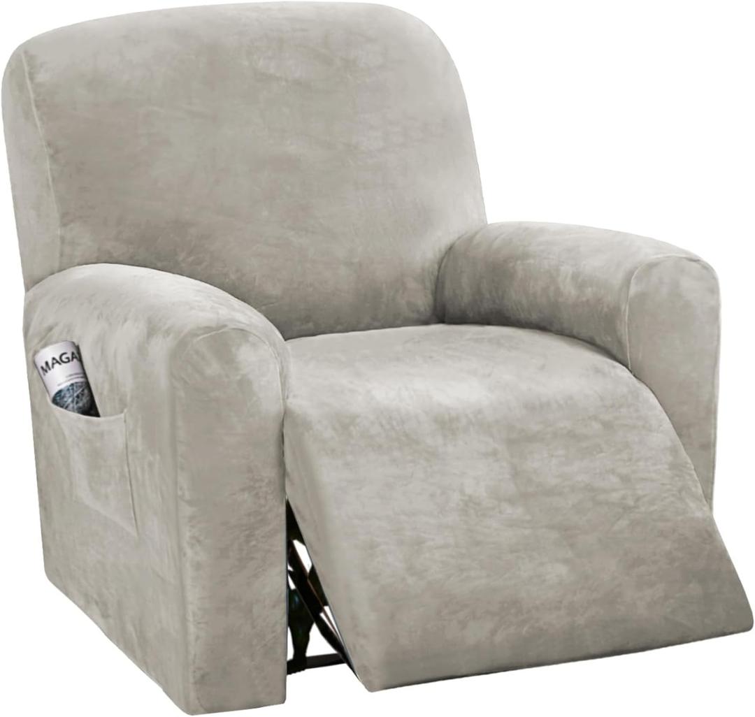 H.VERSAILTEX 4-Pieces Recliner Chair Covers Velvet Stretch Reclining Couch Covers for 1 Cushion Sofa Slipcovers Furniture Covers Form Fit Customized Style Thick Soft Washable(Small, Oatmeal)