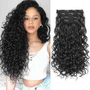 REECHO Curly Hair Extensions, 4PCS 20 inch Clip in Hair Extensions Lace Weft Short Curly Extensions Clip Ins Invisible Natural Hairpieces for Women, Natural Black