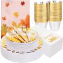 Festiva 176Pcs Thanksgiving Plastic Plates - Heavy Duty Thanksgiving Plates - Thanksgiving Disposable Dinnerware Set include 50 Plates,75 Silverware, 25 Cups, 25 Pumpkins Napkins, 1Tablecloth