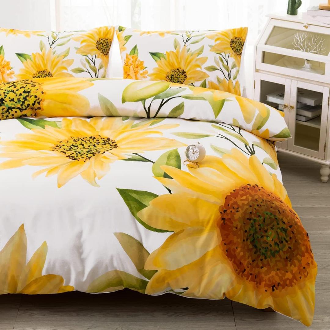 CVHOUSE Sunflower Bedding Queen Size,Garden Floral Set for Girls Kids Teens,Aesthetic Farmhouse Comforter Cover Soft,1 Duvet 2 Pillowcases,Girls Room Decor Queen 89'x89' (P3)