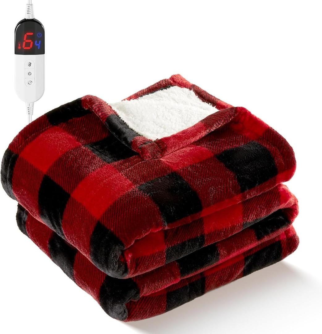 Electric Heated Sherpa Buffalo Plaid Christmas Throw Blanket with 6 Heating Levels & 4 Hours Auto Off, Fast Heating Warm Plush Washable Blanket with Over-Heat Protection, ETL Certification, Red