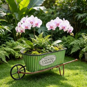 24 Inch Rustic Large Flower Cart Farmhouse Metal Wheelbarrow Planters Vintage Distressed Green Country Garden Decorative Flower Pot for Patio Garden Balcony (Handcart)