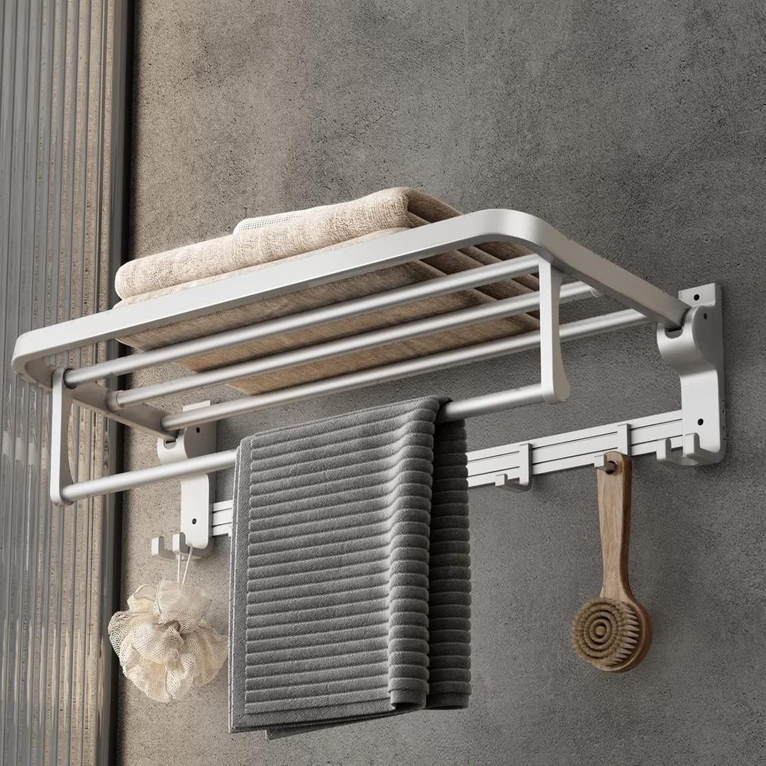 VOLPONE 24 Inch Towel Rack with Towel Bar Holder Foldable Towel Shelf with Movable Hooks Rustproof Towel Storage Wall Mount for Bathroom Lavatory Silver