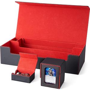 Venssu 5 Row Card Storage Box For Trading Cards With DualFunction Playmat Lids,3800+ Mtg Deck Box With 24 Colorful Divider Tabs,Trading Card Storage Compatible with Magic Cards(Black and Red)